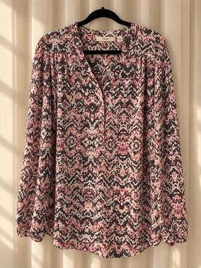 Sejour Split Neck Tunic Size 2X Pink Black Geometric Pattern Long Sleeve